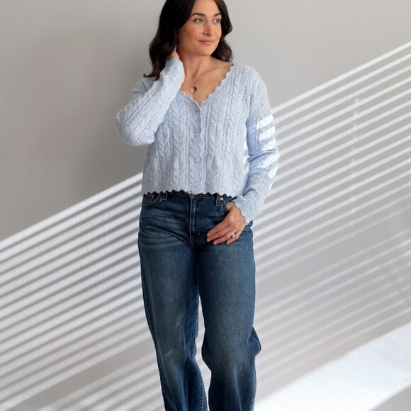 Women’s Light Blue Scalloped Cable Knit Cardigan - Picture 6 of 11